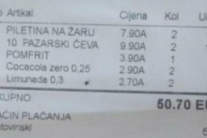 Račun da zaboli glava: 10 ćevapa, 2 sokića, porciju piletine i pomfrita platio 50 eura