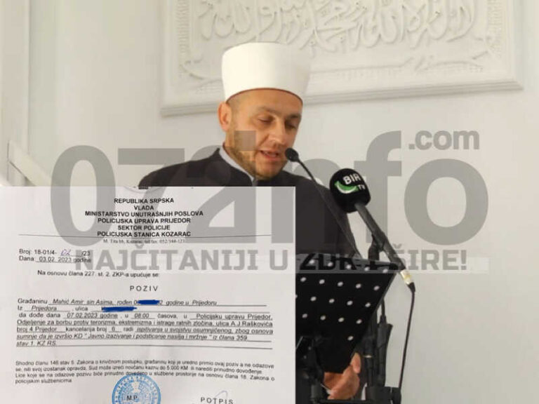 Imam iz Kozarca pozvan na saslušanje u MUP RS