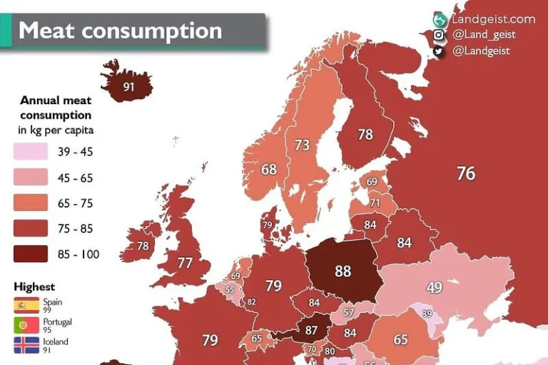 Mapa Evrope koja prikazuje konzumaciju mesa po državama, podaci za BiH mogli bi vas iznenaditi