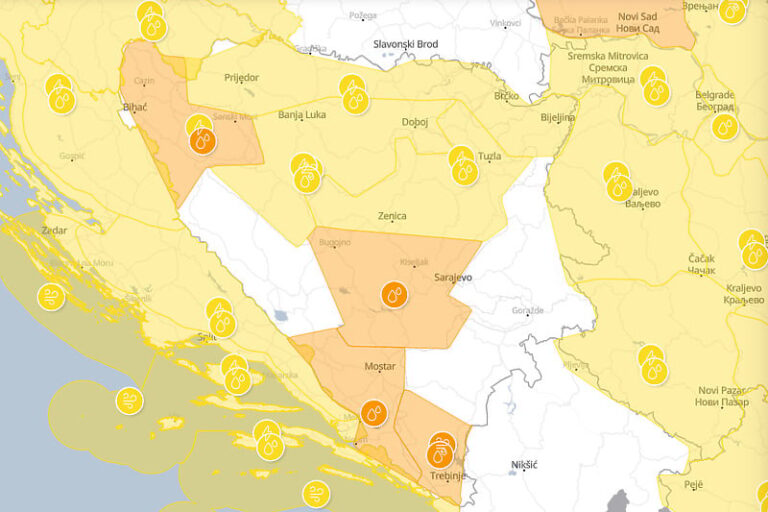 Narandžasti meteoalarm u BiH: Obilne padavine i jaki udari vjetra, izdato upozorenje za poplave