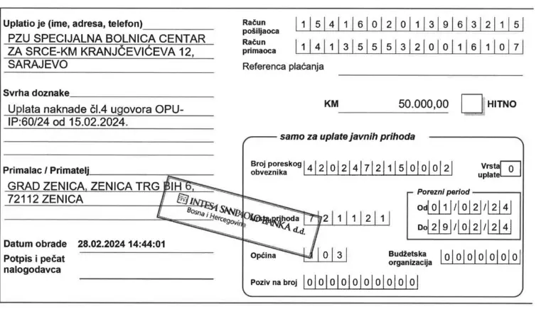 Prvi korak prema izgradnji Specijalističke bolnice za srce u Zenici: Investitor uplatio naknadu prema ugovoru Gradu Zenica