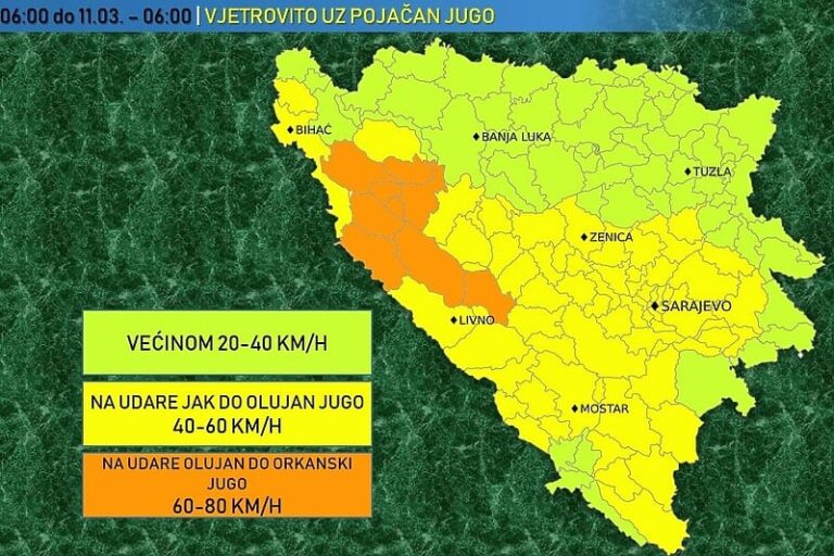 Danas širom Bosne i Hercegovine vjetrovito: Mogući orkanski udari jačine do 90 km/h