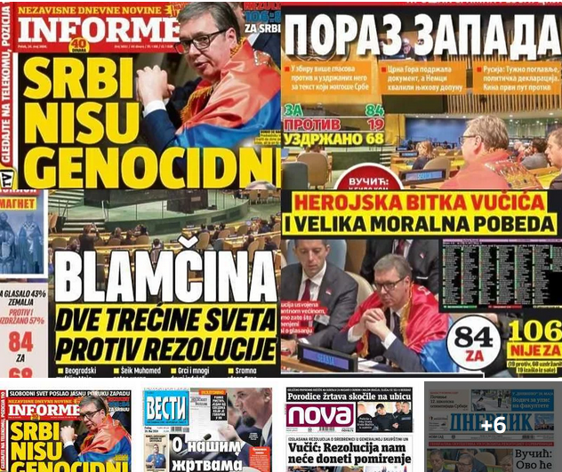 Ovako su tabloidi u Srbiji vidjeli glasanje u UN-u o rezoluciji o genocidu u Srebrenici