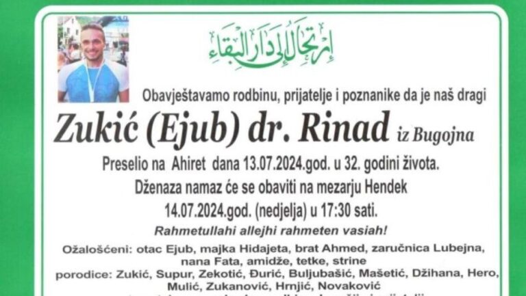 Tuga okovala BiH: Preminuo 32-godišnji doktor Rinad Zukić