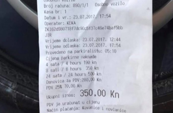 Pet sati parkinga u centru Dubrovnika platio 90 KM